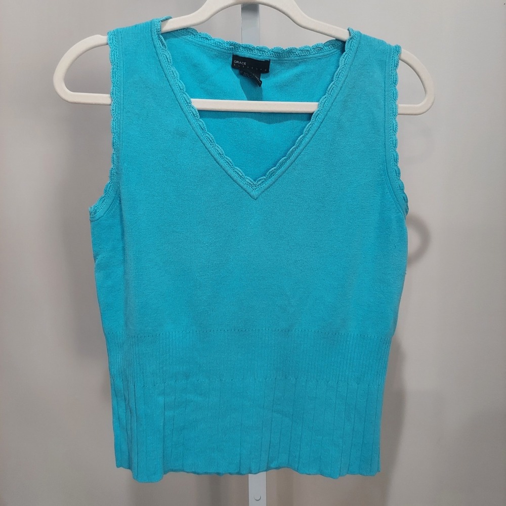 Grace Elements Turquoise Silk Blend V-Neck Knit Top with Scalloped Crochet Trim